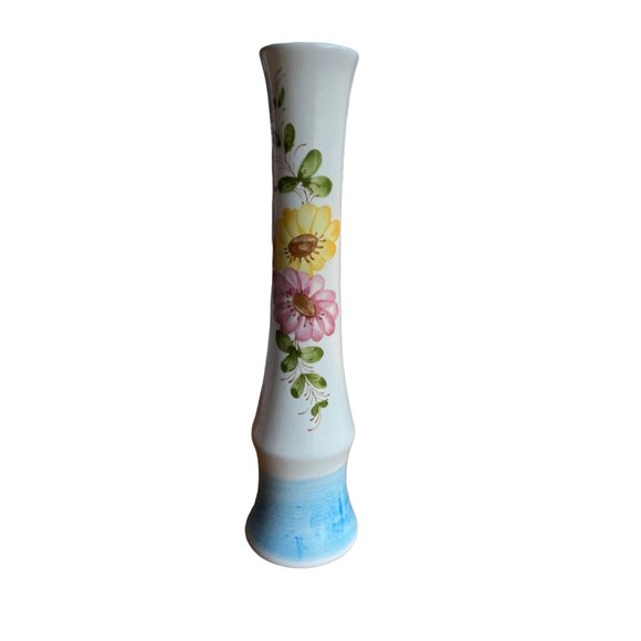 Vintage Ceramic Hand Painted Bud Vase Sado Portugal 1970s Floral Blue FTD - Picture 1 of 6